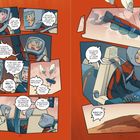 Comic mit Astronauten. Dialoge über Notlandung, Fallschirme und Kursänderung. Lebhafte Farben, dynamische Szenen.