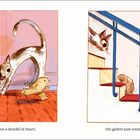 Texte: "Built to obey, but a dreidel at heart, the golem just wants to celebrate." Illustrationen zeigen einen Golem, eine Katze und spielende Kinder.