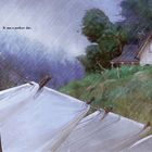 Text: "It was a perfect day." Illustration: Regen fällt auf Wäscheleine, im Hintergrund ein Haus am Hügel.