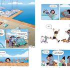 Texte: "Hold on." "This is a boat...place..." "Did they get a houseboat?!" "Just a sec..." "Äy!" "Xiǎobúdǐn!"  
Illustration: Jachthafen, Personen, Autos, Hunde.