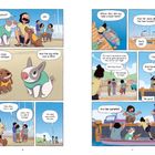 Sprechblasen mit Hundenamen, Personen am Pier, Boote im Wasser, fröhliche Unterhaltung und Abreise.