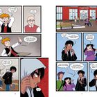 Illustration mit Sprechblasen in einem Klassenzimmer und vor einer Schule, Schüler unterhalten sich.