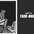 Texte: "ACT II FADE-AWAY". Illustration eines nachdenklichen Basketballspielers auf einem Ball sitzend.