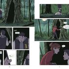 "There it is.", "Can't believe it's still here...", "DING!", "Oh no...", "Ash where r u?", "Hey! Find your own hiding spot.", "Kit?", "Emma?" Illustrations im Wald, zwei Personen verstecken sich in einem Baum.