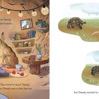 Links: Schildkröte und Hase in gemütlicher Höhle, Tee und Puzzle. Rechts: Sie laufen draußen. Text beschreibt Freundschaft.