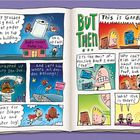 Ein Comic mit Sprechblasen: Jemand beschwert sich über ein Buch namens "Super Diaper Baby". Figuren erleben ein Abenteuer.