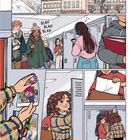 "Montreal, Winter" und "Blah Blah Blah" im Schulkorridor. Schüler an Schließfächern, ein Mädchen betrachtet Fotos.