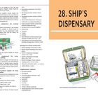 "28. SHIP'S DISPENSARY" steht groß geschrieben. Eine Illustration zeigt einen geöffneten Erste-Hilfe-Kasten mit verschiedenen medizinischen Utensilien. Links befindet sich eine detaillierte Liste empfohlener medizinischer Ausrüstungen für Schiffe.