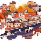 Ein Puzzle zeigt ein Kreuzfahrtschiff vor Pyramiden in warmen Farben. Verschiedene Szenen aus dem Schiffsleben sind dargestellt.
