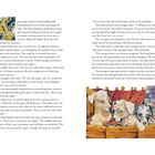 Text erzählt über einen armen Mann und seine Töchter. Zwei Illustrationen: Ein "A" und drei Hunde in Betten mit einem Baby im Hintergrund.