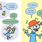 Illustration: Person mit roter Mütze entdeckt Handpuppe. Gespräche über schönes Wetter und Puppen mit Geräuschen.