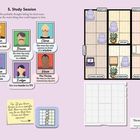 Oben: "5. Study Session". Hinweise zu Personen und Positionen im Raum. Grundriss mit markierten Räumen rechts.