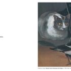 Text: "A dog is a dog, a bird is a bird and a cat is a person. Mugsy Peabody." Gemälde mit drei Katzen und Elster.
