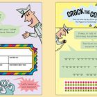 Links oben: "All aboard the bird-day bus!" Rechts oben: "CRACK THE CODE!" Illustrationen von einer Figur und einem Vogel.