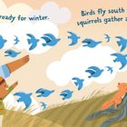 Text: Animals get ready for winter. Birds fly south and squirrels gather acorns. Illustration zeigt Vögel und Eichhörnchen.
