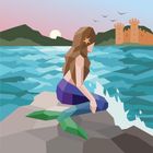 Illustration einer Meerjungfrau auf einem Felsen vor einer Burg am Meer bei Sonnenuntergang.