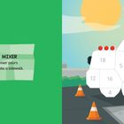 Text: "CEMENT MIXER. A cement mixer pours concrete to make a sidewalk." Illustration: Betonmischer mit nummerierten Flächen.