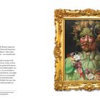 Text über Giuseppe Arcimboldo, italienischer Maler. Gemälde von 1591 zeigt ein Porträt aus Früchten und Gemüse.