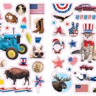 Schriftzüge: "America the Beautiful", "Iowa", "Indiana", "Arkansas", "Oregon", "Idaho", "July 4th", "Louisiana".  
Illustration mit patriotischen Symbolen: Tiere, Eis, Flaggen, Fahrzeuge und Feuerwerk.