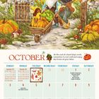 Oktober-Kalender mit Elfen und Zwergen, die Kürbisse ernten. Feiertage: Halloween, Diwali, Labour Day, Thanksgiving.