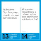 Quizfragen über Gebärdensprache und römisches Festival. Datum: 13. Samstag, 14. Sonntag, Februar 2027.