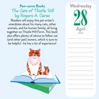Text: "Paw-some Books: The Cats of Thistle Hill by Rogers A. Caras." Illustration einer Katze auf einem Buch und Datum: 28. April 2027.