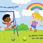 Text: "These little children are asking you to please come out so we can play with you." 

Illustration: Kinder schaukeln im Garten, Regenbogen und Sonne.