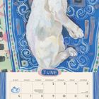 JUNE. Kalender mit blauem Rand. Illustration: Weiße Katze liegt auf blau gemustertem Hintergrund.