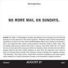 "NO MORE MAIL ON SUNDAYS." Datum: 27. August 1912. Diskussion über Sonntagszustellung und deren Abschaffung. Datum unten: 27. August 2027.