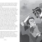 Text auf der linken Seite beschreibt Bowies Landbetrügereien. Rechts Illustration zweier Männer mit Messern im Kampf.