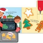 Auf Englisch: "Onto the tray, one by one. Into the oven..." und "Time to add frosting, swirls, and dots..."  
Illustration: Frau und Kind backen Kekse.
