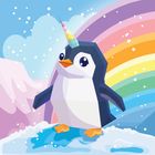 Ein pinguinähnliches Wesen mit Einhorn, umgeben von Schnee und einem bunten Regenbogen. Verspielte, fröhliche Atmosphäre.