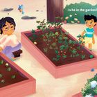 Text: "Is he in the garden? Where the carrots grow?" Drei Kinder spielen in einem bunten Garten mit Gemüsebeeten.