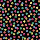 Bunte Smiley-Gesichter auf schwarzem Hintergrund, gleichmäßig verteilt.