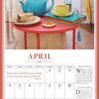 "APRIL 2027", Zitat: "Rainy days should be spent at home with a cup of tea and a good book." Teeservice und Kalender.