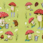 Illustration: Frösche mit roten Pilzhüten, Gießkannen und Gänseblümchen. Kleine Mäuse und Zapfen auf grünem Hintergrund.