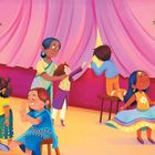 Texte: "Rustle, hustle.", "Twirl, whirl.", "Ring-a-ding."
Illustration von fröhlichen Kindern, die tanzen und sich vorbereiten.