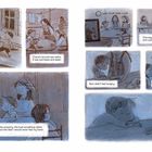 Comic-Stil Zeichnungen: Kinder kochen Borschtsch, zeitlicher Verlauf von Hunger und Krankheit, Mama stirbt an Tuberkulose.