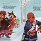 Texte: "DING, DING, DING!", "Last call for the Snowshoe Express!", "Woof, woof!" Menschen und ein Hund im Schnee. Ein Kind hält eine Glocke.