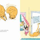 „Nora’s Room“ an der Tür, Katze miaut, Familie in Küche, Mädchen ruft „Aaaahhhh“, Eltern küssen sich. Zeichnung mit viel Gelb.