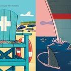 Links steht: "He tried lifeguarding, but didn't like the heat." Ein Rettungsschwimmerstuhl am Strand. Rechts: "He tried deep-sea fishing, but didn't like the duties." Ein Wurm an einem Angelhaken auf See.