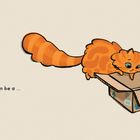 Text: "A curious cat can be a ...". Eine orange Katze blickt in einen offenen Karton.