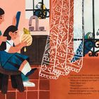 "This morning, Mamá braids my hair..." beschreibt eine Szene mit zwei Papageien, einer Mutter, einem Kind und einer Küche mit Vorhängen.