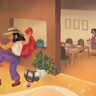 „Ninang isn't just my godmother – she's my very best friend.“ Frau in Hut spielt mit Kind. Küche mit gedecktem Tisch.