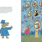 Links Text: Familiengeschichte der Angstverbreiter und Fredericks Erbe. Rechts Illustration: Ein Familienstammbaum von Dinosauriern in Medaillons an einem Baum, mit Engel-Dinosauriern.