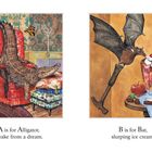 Zwei Illustrationen: Links ein Alligator auf einem Sessel, rechts eine Fledermaus trinkt Eis.