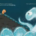 Text: "Toto has a great imagination and he worries about everything." "I love my life. It is so much fun!" Illustration: Ein ängstlicher oranger Fuchs steht oben auf einer Treppe, während ein freundliches, großes blaues Monster am Fuß der Treppe ist, umgeben von Funken.