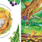 Text: "Dinky feeds them mousy milk and when they’re fully grown, they will skip away and all have babies of their own."   
Illustration mit Tieren im Wald, Mäuse in einem Nest, ein Reh an einem Bach.