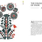 "THE COLOUR OF SNOW: A German Folktale" steht rechts. Links eine bunte Illustration von Pflanzen und Mustern.