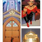„This is a story of vengeance...“, „Finally.“, „Wanda Maximoff, 16, Witch-in-training“. Illustration einer Frau vor einem Tor.